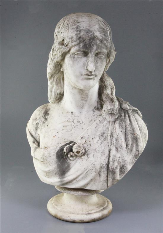 A Victorian carved white marble bust of a medieval lady, height 25in.